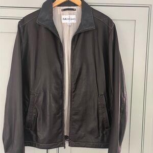 Bullock and Jones men’s brown leather jacket navy collar NWOT sz. Medium